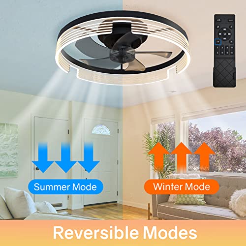 Black Ceiling Fan With Light - Modern Flush Mount Low Profile Ceiling Fans Timing App Remote Control, Smart Small Enclosed Reversible Dimmable Led Lighting Fan For Indoor Bedroom Living Room Kitchen #TOP1