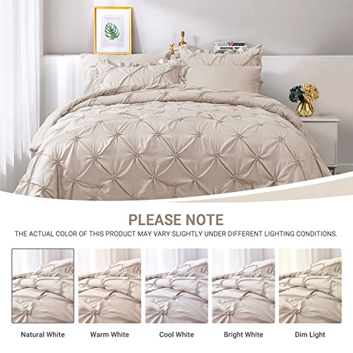 JOLLYVOGUE Beige Cal King Size Comforter Sets 7 Pieces, Pintuck Bed in a Bag Comforter Set for Bedroom, Bedding Comforter Sets with Comforter, Sheets,Ruffled Shams & Pillowcases
