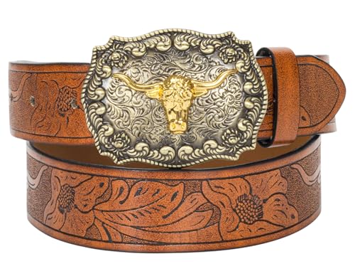 INOGIH Western-Cowboy-Cowgirl-Belt-for-Women-Men - Vintage-Floral Embossed-Waist-Belt with Bull Buckles for Jeans Pants