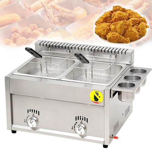 Friggitrice ad alto volume: la friggitrice a gas ha due grandi serbatoi (8L + 8L) e adotta anche due interruttori di controllo del fuoco per una manipolazione indipendente o simultanea degli alimenti per far fronte in modo flessibile a diversi flussi di clienti. Può risparmiare tempo per preparare i diversi alimenti. La friggitrice a gas può essere utilizzata per la cucina casalinga o per scopi commerciali per avviare la bancarella di cibo.