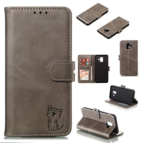 Robinsoni Case Compatible with Samsung Galaxy A6 2018 Retro Leather Wallet Cover with Card Holder Slots Cat Printed Folio Flip Book Cover TPU Silicone Inner Case Kickstand Magnetic Closure Case, Gray