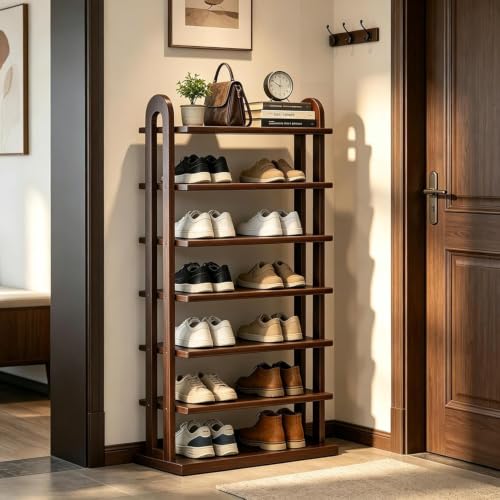 Image of 7 Tier Shoe Rack for Closet - Vertical Shoe Rack Free for Small Space - Standing Wood Shoe Shelf Storage Organizer for Entryway, New Walnut