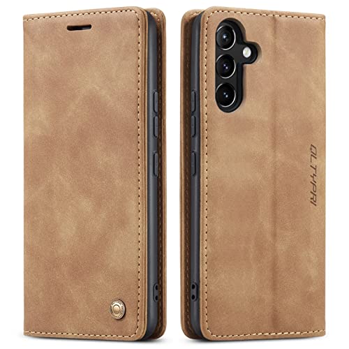 QLTYPRI Case for Samsung Galaxy A55 5G, Vintage PU Leather Wallet Case Card Slot Kickstand Magnetic Closure Shockproof Flip Folio Case Cover for Samsung Galaxy A55 5G - Brown