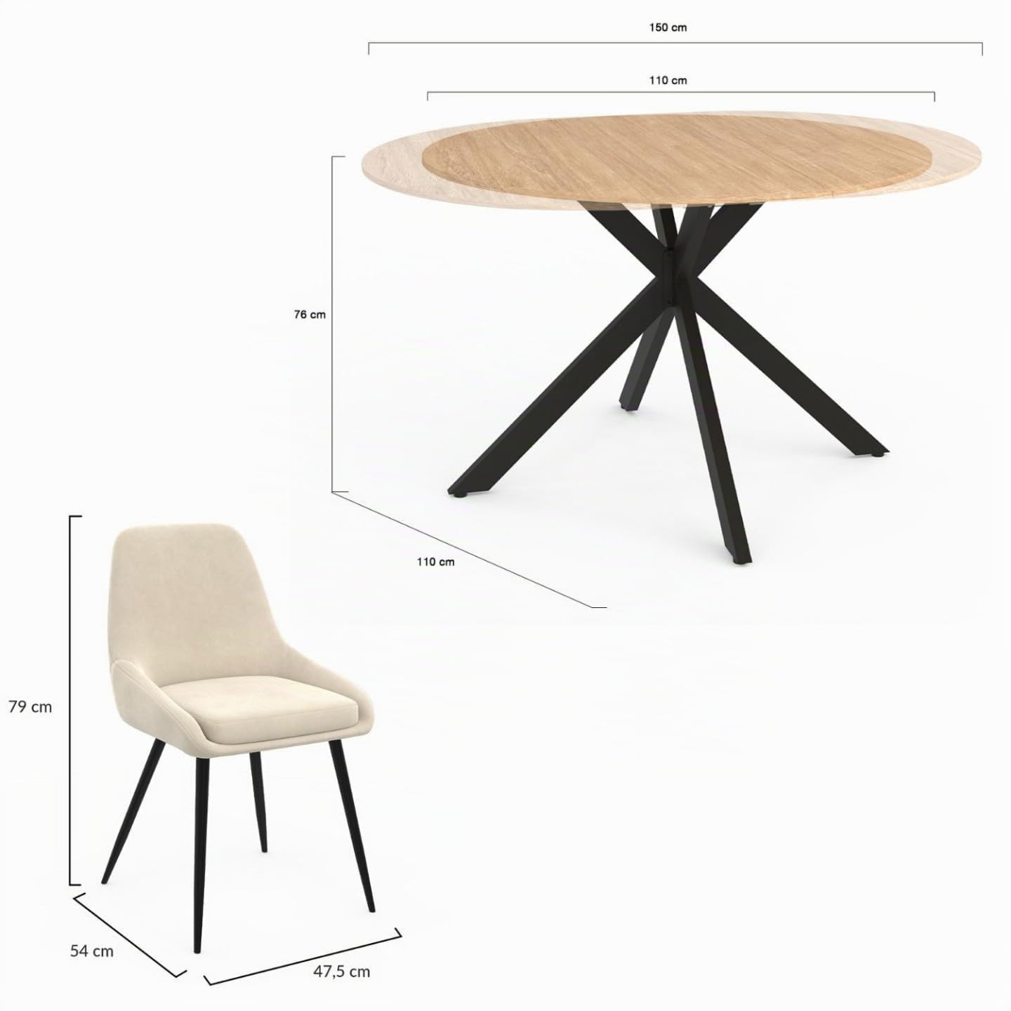 IDMarket - Set ausziehbarer runder Esstisch ALIX aus Holz und Schwarz 110-150 cm und 4 Stühle THALYA Samt beige