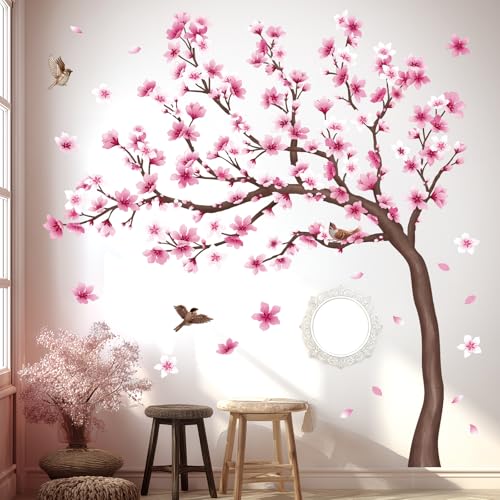 DECOWALL SG4-2431 Stickers muraux en forme de cerisier en fleurs pour chambre d'enfant salon décoration de branches de fleurs rose TV oiseaux arrière-plan artistique...