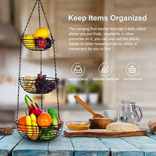 3-Tier Hanging Fruit Basket Vegetable Storage Wire Basket With 16 Inch Fixture Chain And Ceiling Hook For Putting Fruit Vegetables Snacks Household Items, Black #TOP5
