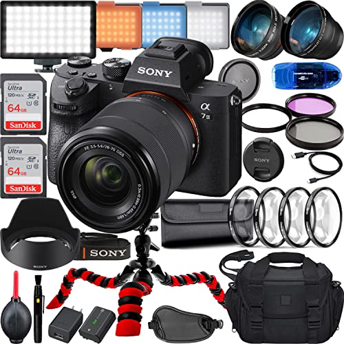 Sony a7 III Mirrorless Camera with 28-70mm Lens (Black) Bundle + Accessories (LED Light, 128Gb Memory, Wide Angle and Telephoto Lens, Spider Tripod, Gadget Bag and More) (Renewed)
