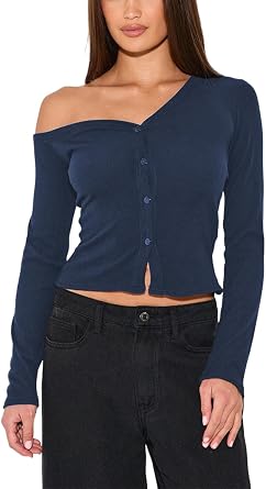 Volemo Womens Asymmetrical Off The Shoulder Button Up Ribbed Knit T-Shirt Cropped Slim Fit Long Sleeve Going Out Tops