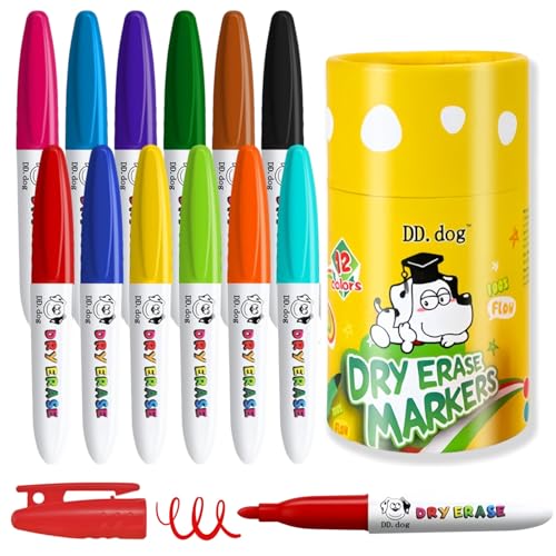 coojsoo Colorful Mini Whiteboard Markers for Kids 12 Non-Toxic Fine Tip Dry Erase Markers Low-Odor Doodling & Drawing Pens 3.8in Small Art Set for School & Home (12 Pack)