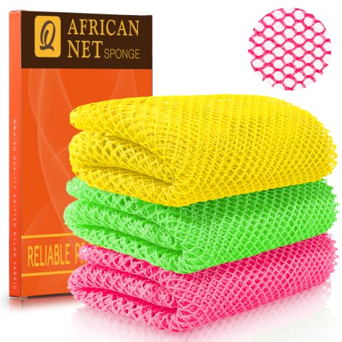 Image of UJFQBH African Net Sponge Authentic, A Soft Yet Powerful Exfoliating Body Scrubber, Dries Quickly, and Gradually Transforms Rough Skin into Smooth 3 Pieces Rose red, Yellow, Green