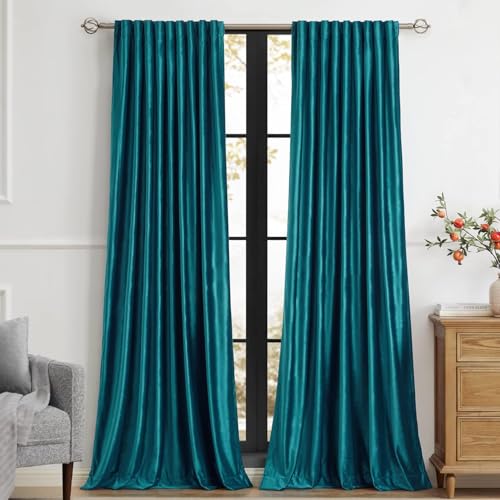 Image of Elegant Teal Velvet Curtains 102 inches for Living Room,Luxury 2 Panels Bluish Green Room Darkening Rod Pocket Back Tab Curtain Thermal Insulated Soundproof Noice Reducing Window Drapes for Bedroom