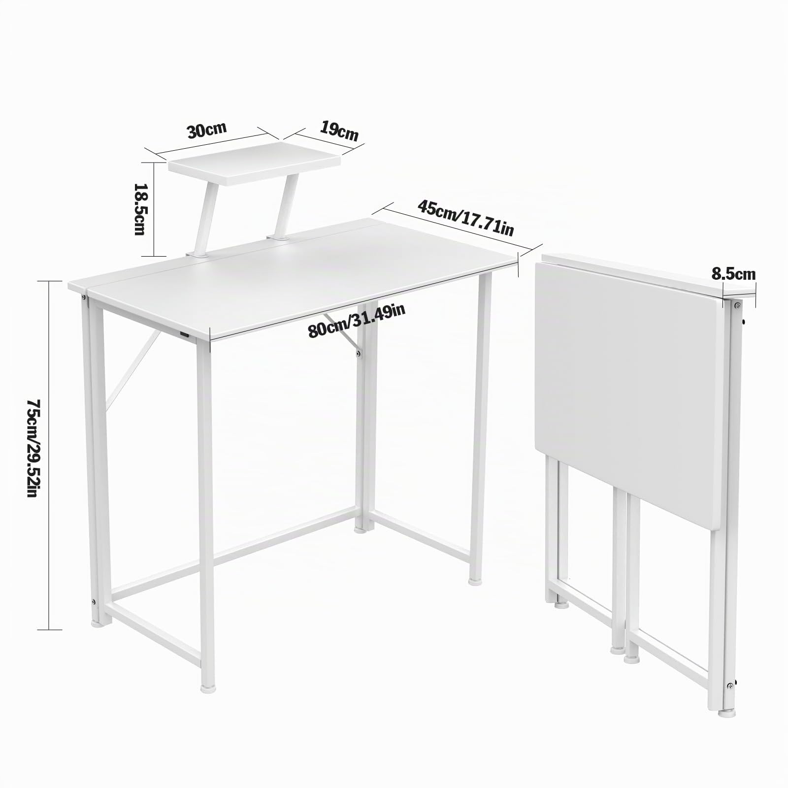 Scrivania Computer Pieghevole con Supporto per Monitor Staccabile, Tavolo Pieghevole da Esterno Interni, 80x45x75 cm tavolino Pieghevoli Piccolo, Scrittoio Bianca per Ufficio Lavoro Studio Campeggio