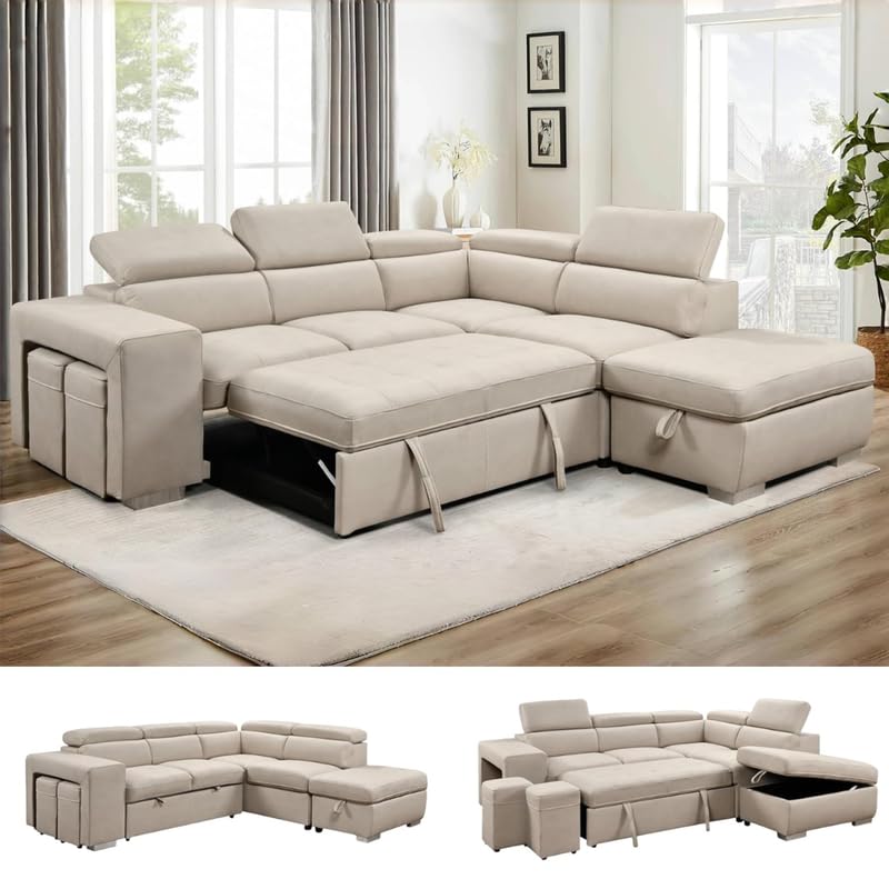 Image of Homax. - Rumi1L-Shaped Sectional Sleeper Sofa Couch in 5 piece with Pull-Out Bed, Storage Ottoman & Adjustable Headrests, Leatherette upholstered, Left-Facing Chaise, Beige