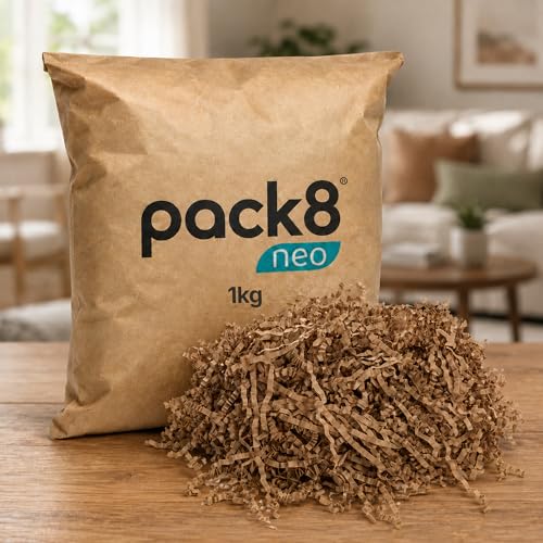 Image of Pack8neo Shredded Paper Cutting For Giftpacking, Hampers, Gift Baskets & Boxes, 1kg | Sustainable grass paper, Crinkle Cut filler, Gift Packaging Protection & Recyclable decoration material, Brown