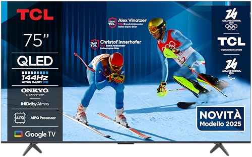 TCL 75T8C TV QLED 4K HDR Ultra HD da 75'', QLED TV con tecnologia Google TV (Dolby Vision e Atmos, Motion Clarity Pro a 144 Hz, FreeSync, audio Onkyo 2.1, compatibile con Google Assistant)