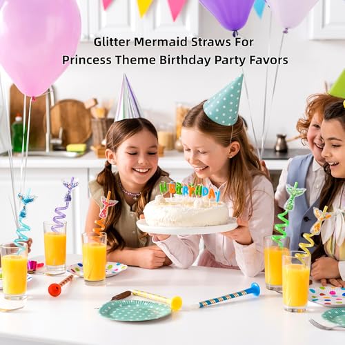 Image of 12 Pcs Glitter Mermaid Straws, Princess Theme Crazy Silly Straw