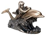 YTC Bronze Metal Colored Ocean Mermaid Riding Dolphin Figurine Display