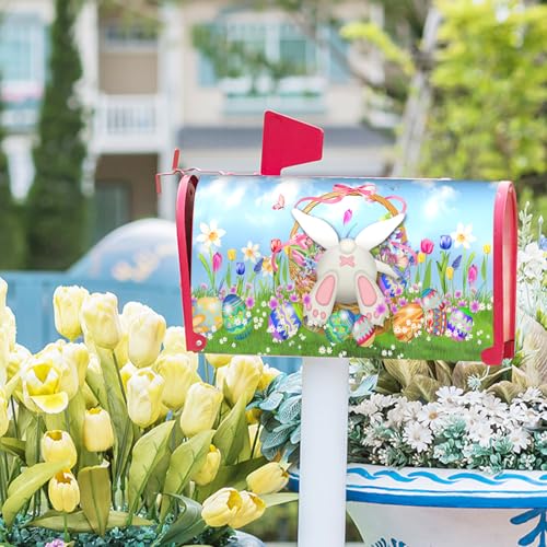 Image of Easter Mailbox Covers Magnetic Standard Size 18x21 Inches Easter Colorful Egg Bunny Basket Mailbox Cover Happy Easter Floral Mailbox Cobrt Wraps Post Letter Box Easter Cover for Holiday Garden Yard