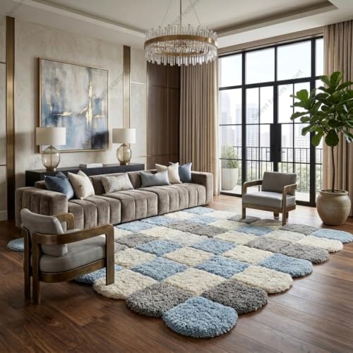 Image of SWEET HOMES Irregular Carpet Handwoven Shaggy Checkered Area Rug | Ultra Soft Plush Anti-Skid Backing, 12 x 15 Feet (366 x 457 cm), Blue & Grey