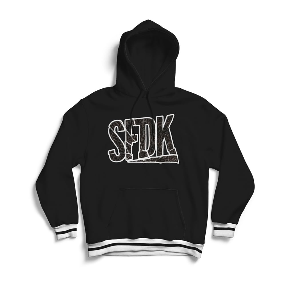SFDK Sudadera con Capucha, Diseño de Letras ROTAS Texturizadas, Algodón de Alto Gramaje, Bolsillo Canguro, Negro y Blanco