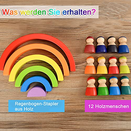 Houten peuter speelgoed 12 stuks regenboog houten poppen, houten mensen pretend spelen met regenboogstapeling speelgoed… - Image 3