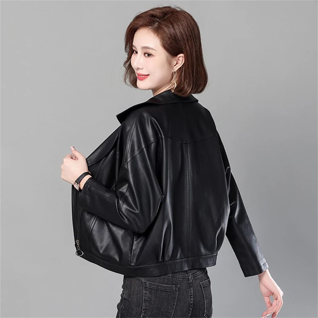 Women's PU Leather Zipper Jackets Lapel Slim Faux Leather Coat