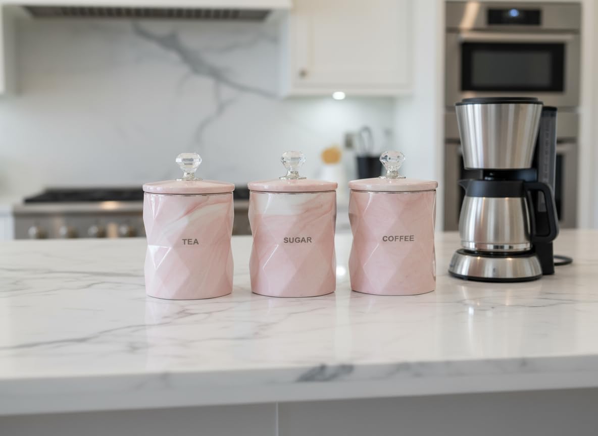 Biznest White Tea Sugar Coffee Canister Jar Storage Set Of 3 With Sparkling Crystal Diamante Lid (Pink)