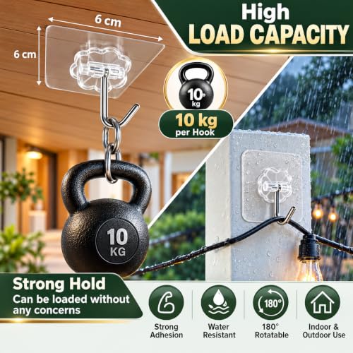 Image of Transparent Adhesive Wall Hooks with 180 Degree Rotatable Stainless Steel Hook, Flower Design Self Stick Wall Hanger for Kitchen Bathroom Home and Office, Pack of 20
