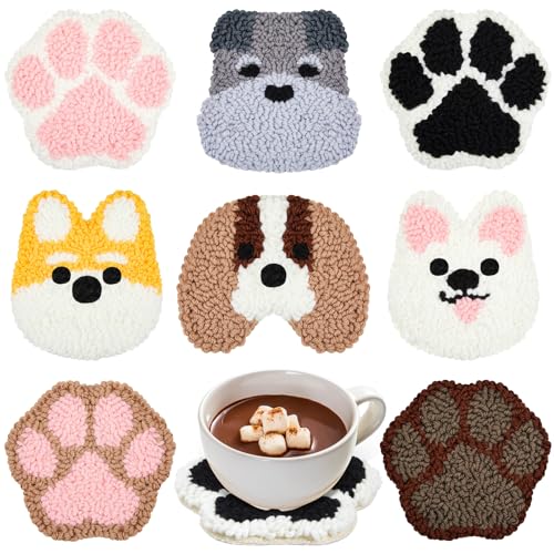 Image of Preboun 8 Pcs Puppy Punch Needle Coaster Kit, Dog Punch Needle Embroidery Kit for Adults Beginners, DIY Felting Set Supplies Tufted Coaster Including Yarns Hoop Tools Instruction