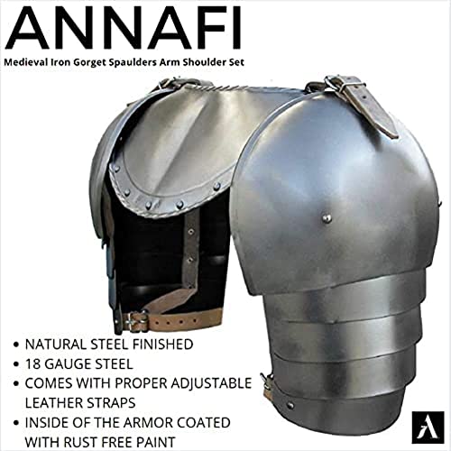 Image of AnNafi Medieval Iron Gorget Spaulders Arm Shoulder + Handcrafted Leather Gauntlet Gloves Steel Armor and Leather Hand Protective Gloves Set, Adult Cosplay Outfits LARP Renaissance Accessories