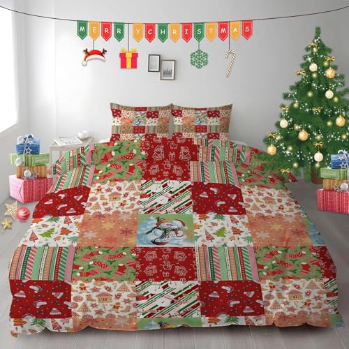 布団カバー ダブル クリスマスパズル|マイクロファイバー 掛け布団カバー 190x210 +枕カバー 2枚 3点セット|吸汗速乾・防静電気・洗濯耐久|肌ざわり最高 雪だるまのサンタ帽 なプリントデザイン PH472