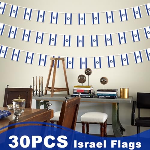 Image of Israel String Flag Pennant Banner, Small Mini Israeli Flags Bunting Banner, National Country Decoration for School, Party, Sports Events, Patriotic Festival, 33 Feet 30 Flags