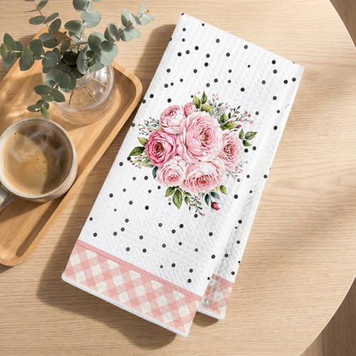 Image of 2Pcs Flower Kitchen Towels 24x14 Inch, Pink Floral Grid Reusable Microfiber Dish Towels, Waffle Weave Hand Tea Towel for Kitchen Home Bathroom Farmhouse Decor, Flowers Gifts for Women Friend