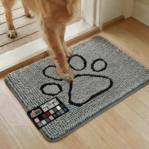 GORILLA GRIP SoakSTOPPER Dog Door Mat, Machine Washable Rug Absorbent Doormat Captures Moisture Mud Dirt, Quick Dry Soft Chenille Entryway Rugs Indoor Entrance Mats for Dog Paws, 24x17 Paw Grey