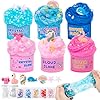 Kazzley Kit Slime Enfant 6 Pack avec 3 Textures - Fluffy Cloud Slime, Butter Slime&Clear Slime, Antistress Slime Kit avec Unicorn Axolotl Charms, Cadeaux d'anniversaire de fête pour Filles Garçons