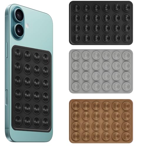 Image of amazon basics Suction Phone Case Anti-Slip Silicone Hands-Free Sticky Pads for Phone Case Mount for Selfies Videos Mirror Shower Car Dashboard - Black,Gray,Brown (Pack of 3)