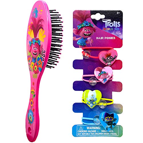 Dreamworks Trolls Hair Brush, Hair Pony Band with Charm Set for Kids Girls Accessories by Heracc