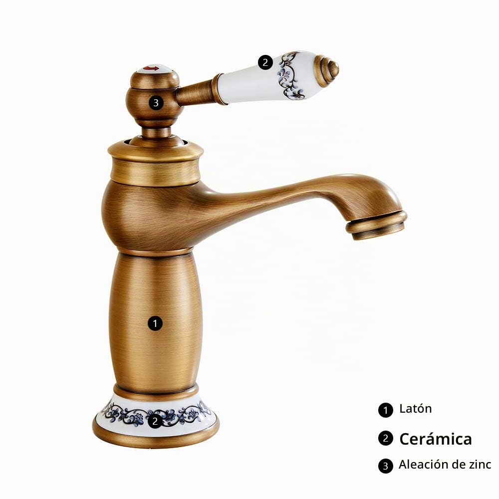 Grifo mezclador para lavabo de baño, latón envejecido, cromado, vintage, una sola palanca de cerámica para fregadero de cocina y baño (envejecido)