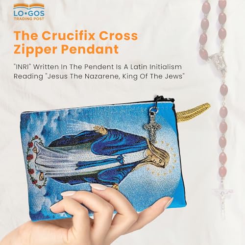 Image of Catholic Rosary Pouch, 4 inch x 6 inch Jewelry & Coin Purse with Cross, Small Woven Tapestry Icon Bag, Bolsa de Rosario Catolico para Joyeria, Our Lady of Grace & Miraculous Medal Symbol, 4 inch x 6 inch