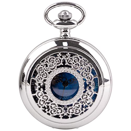 Tiong Quartz Pocket Watch Hollow Steampunk Blue Star Design Roman Numerals Pocket Watch with Chain Christmas Gifts