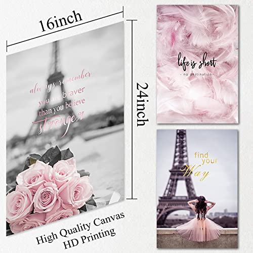 Eiffel Tower Canvas Wall Art Pink Flower Painting Wall Decor Romantic Paris Wall Art For Girls Room Paris Eiffel Tower Picture Eiffel Tower Posters Wall Pink Feather Wall Art 16X24Inchx3Pcs No Framed #TOP2