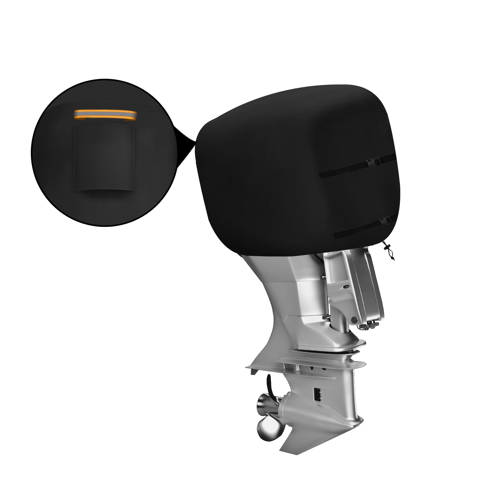 Demi-Couverture de Moteur Hors-Bord de Bateau, Housse de Protection pour Hors-Bord en 600D Oxford Imperméable avec 1 Bande Réfléchissante, 2 Coupe-Vent Boucle et Cordon de Traction Jusqu'à 60-100 HP
