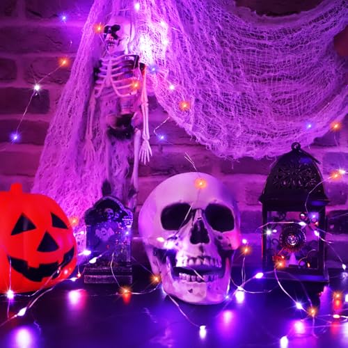 Image of Halloween Decorations Fairy Lights Purple White Orange, 100LED Copper String Lights Battery Operated Twinkle with Remote Control for Home, Patio, Outdoor Decor- 2 Pack