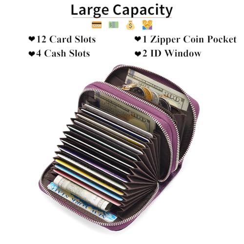 Image of GOIACII RFID Credit Card Holder Wallet, Small Genuine Leather Wallet for Women 2 Zipper
