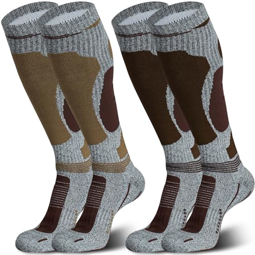 Chaussettes de ski en laine mérinos pour temps froid, chaussettes thermiques pour l'hiver, la neige, le snowboard, la randonnée, 2 paires (marron, jaune), L