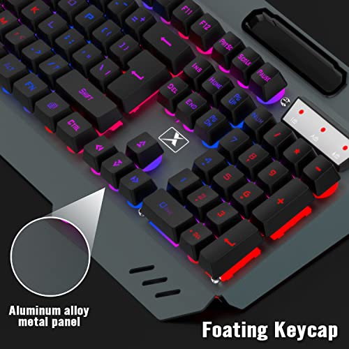 Image of Wireless Gaming Keyboard and Mouse Combo,Rainbow LED Backlit Keyboard with Rechargeable 3800mAh Battery Metal Panel,Removable Wrist Rest Mechanical Feel and 7 Color Mute Gaming Mice for PC PS4 PS5