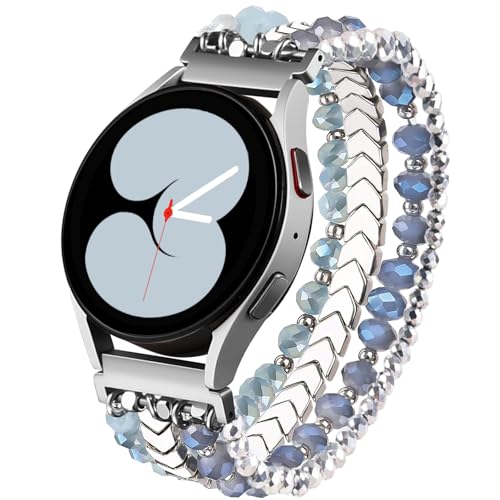 Lerobo Watch Bands Compatible with Galaxy Watch 5 Band 7/6/4 40mm 44mm Active 2 Watch 4 Classic 42mm 46mm Watch 5 Pro 45mm Women Girl 20mm Handcrafted Beaded Band for Galaxy, Blue/Silver