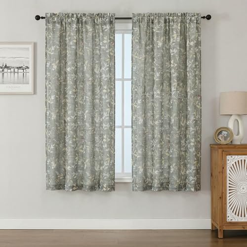 Image of Chyhomenyc Linen Blend Window Curtains 63 Inch Length 2 Panels, Light Filtering Floral Printed Curtain Drapes for Living Room, Rod Pocket Soft Bedroom Curtain Panels, 38Wx63L Inch, Grey