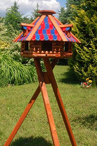 Vogelhäuschen Mit Bitumschindel-Dach (wahlweise Rot, Grün, Dunkel) – 32 Cm Hoch, Mit Futterdosierung, Inkl. Ständer 1,05 M