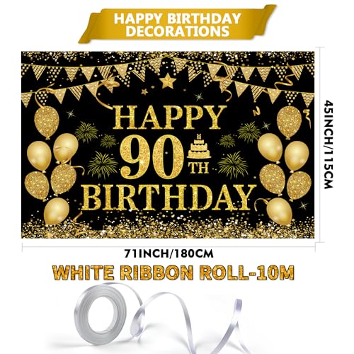 Image of 90th Birthday Decorations for Women Men - Happy 90th Birthday Banner Decorations Black Gold Welcome Background Sign for Cheers 90 Years Birthday Party Supplies Decor Indoor Outdoor (71 x 45 inch)